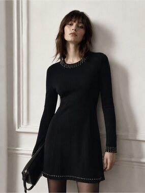 THE KOOPLES French Luxury Black Long-Sleeve Stud-Trim Mini Dress NWT